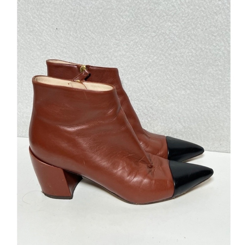 Roberto Cavalli Tan Leather‎ Black Cap Toe Pointed Block Heel Ankle Boots 37.5